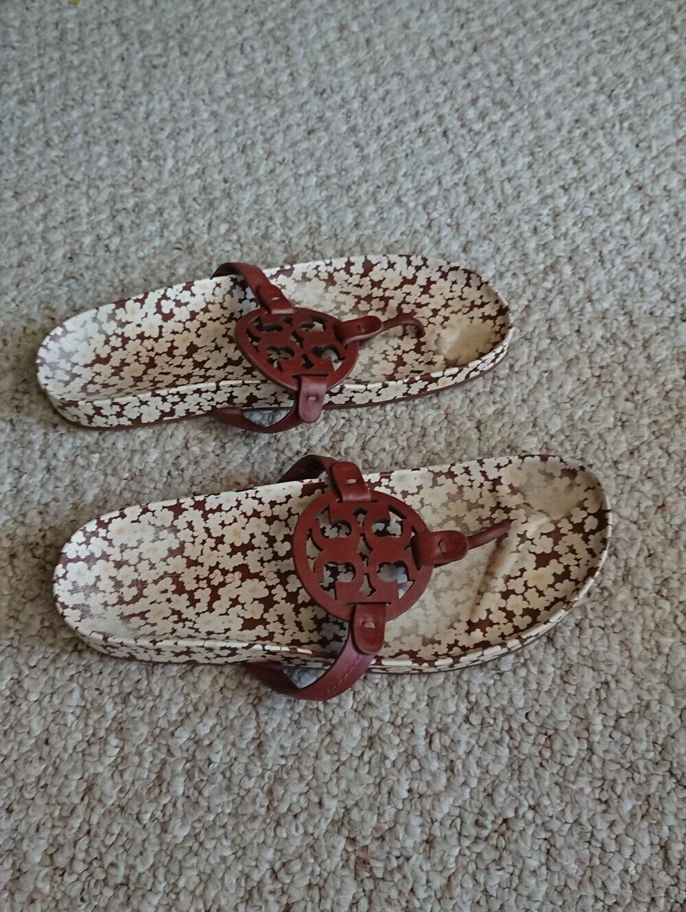 Tory Burch Miller Cloud leather sandals in a burnt cuoio floral print size 9.5